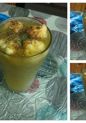 A picture of Kachcha Aam Panna with moong daal pakodi#summers.