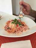 Arroz con crema y salchichas
