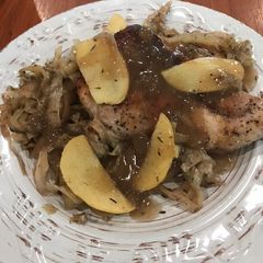 A picture of Pork with Apples, Cabbage, and Fennel.