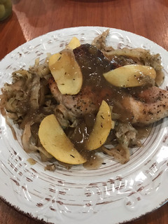 A picture of Pork with Apples, Cabbage, and Fennel.