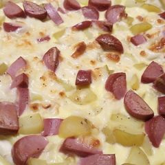 A picture of Fluffy's smokey cheese, hotdog and potato pie.