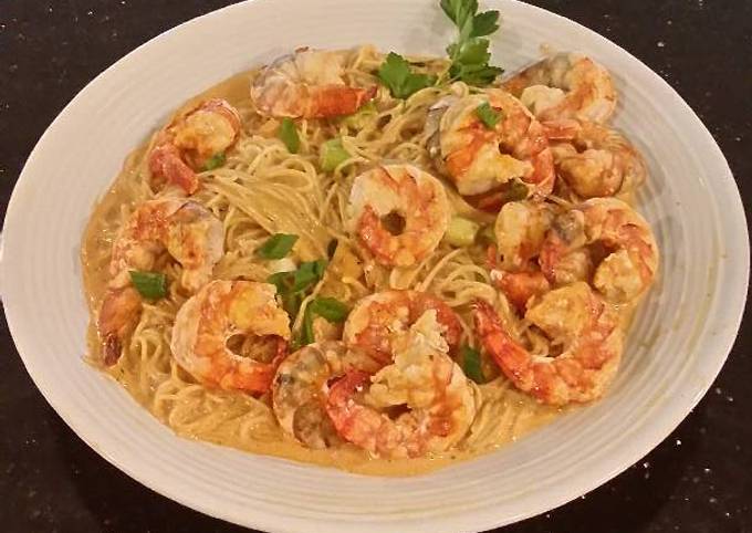 Recipe of Andrew Copley Poached Shrimp with Siriacha Cream Sauce on Angel Hair Pasta