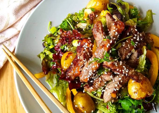 So Yummy Mexican Cuisine Crispy Sweet Chilli Beef Salad with Jersey Royals