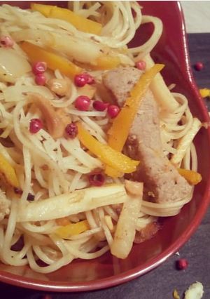 Une photo de Wok de veau, potimarron et céleri