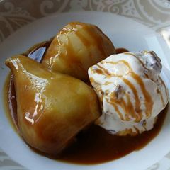 A picture of Vickys Baked Pears & Caramel Sauce, GF DF EF SF NF.