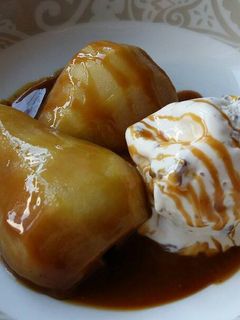 A picture of Vickys Baked Pears & Caramel Sauce, GF DF EF SF NF.