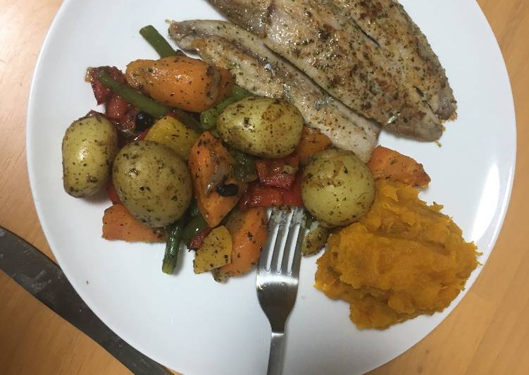 Grilled fish and baked vegetables