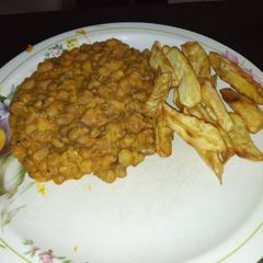 A picture of Beans and fried sweet potatoes.