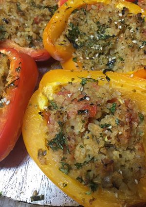 A picture of Keto Friendly Cauliflower Rice stuffed Peppers.
