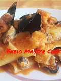 Paccheri con Rana Pescatrice, Cozze, Pomodorini, Olive Nere e Capperi
