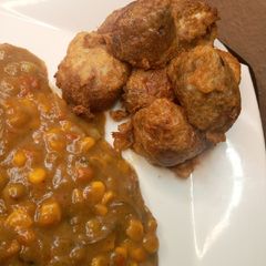 A picture of Meat pooding with corn soup.