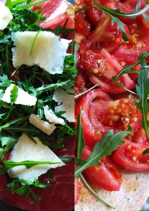 A picture of Bruschetta with Arugula.