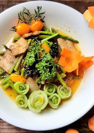 Hình của món Măng tây cà chua xào thịt.