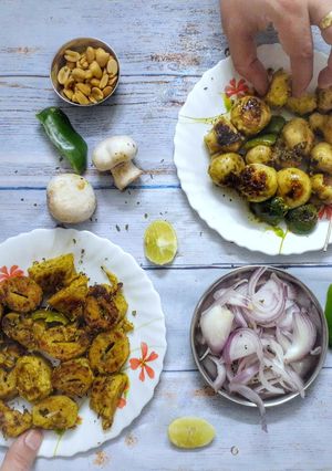 A picture of Tikka platter- Soya chaap and Mushroom tikka.