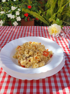 Una foto de Risotto de morrón y berenjena asada