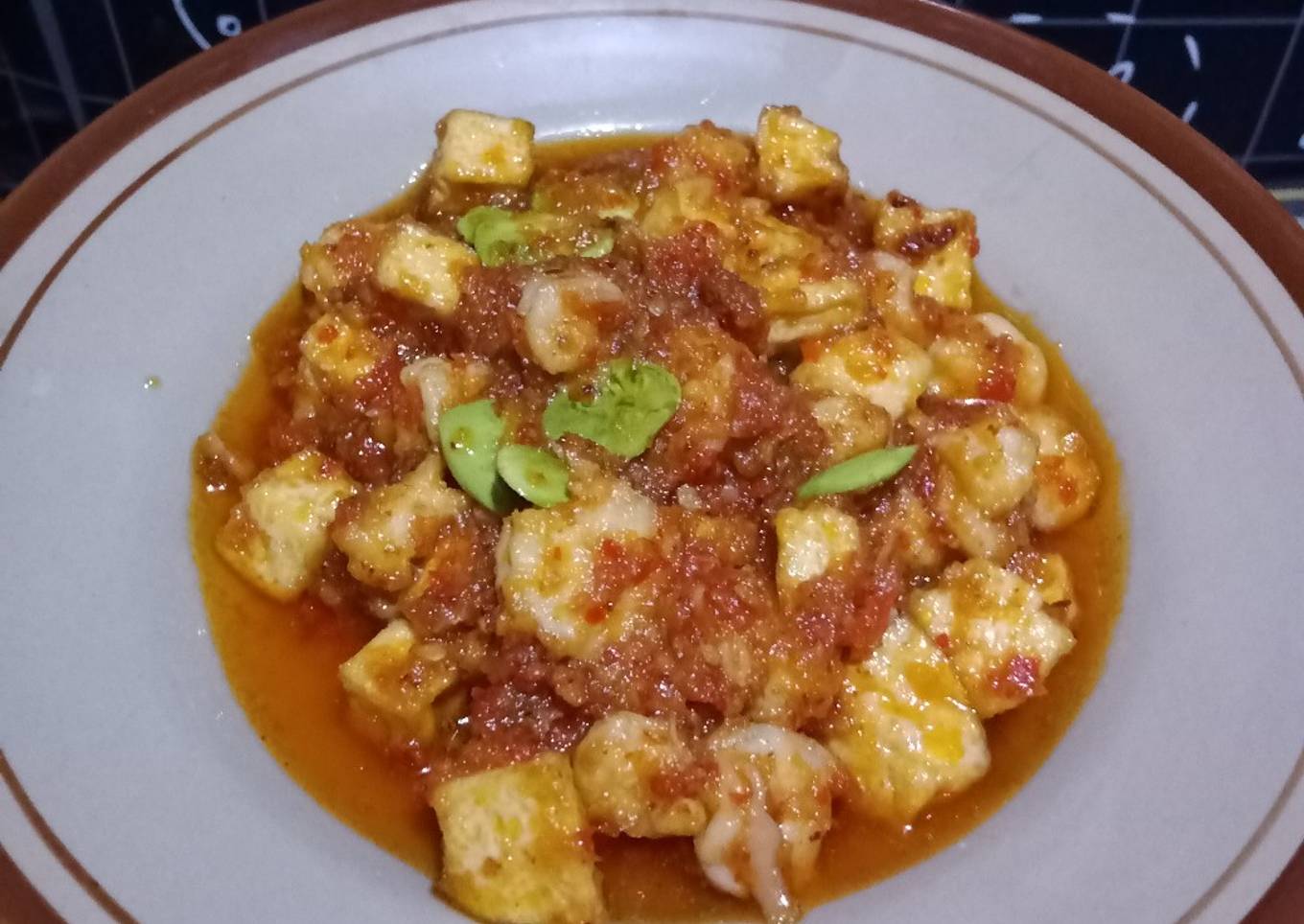 Balado udang, tahu, petai