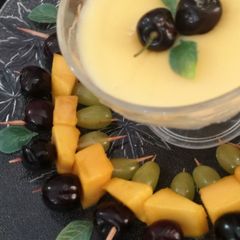 A picture of Triple colour fruit skewers with mango custard.