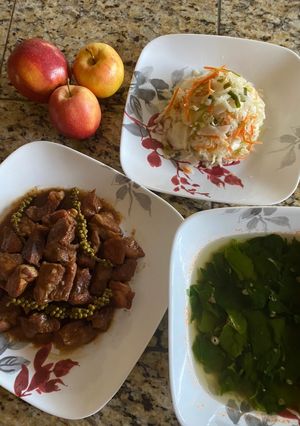 A picture of Malabar Spinach Soup, Braised Pork with Green Peppercorns, and Pickled Mustard Greens.