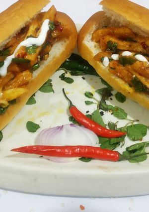A picture of French fries burger in Achari Mayonnaise.