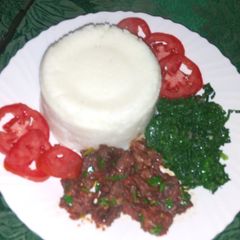 Wet fry beef, Kales and ugali A picture of Wet fry beef, Kales and ugali.
