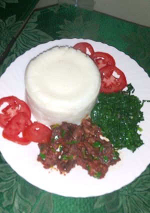 A picture of Wet fry beef, Kales and ugali.