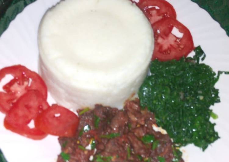 Wet fry beef, Kales and ugali