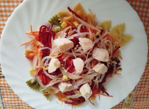 Foto principal de Ensalada de pajarita con pollo y maíz dulce, zanahorias, remolacha y brotes germinados. Eliges aliño