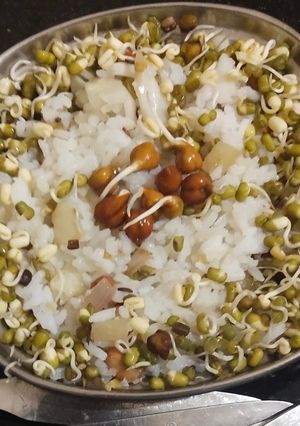 A picture of Fried rice with sprouts.