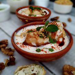 Walnut paneer stuffed Dahi Vada A picture of Walnut paneer stuffed Dahi Vada.