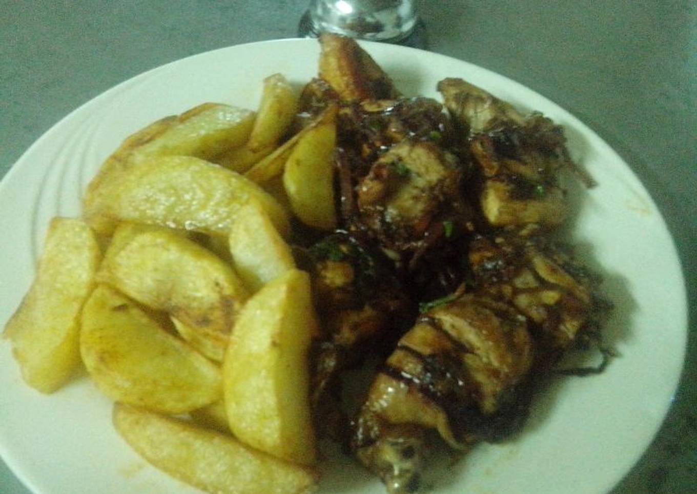 Roasted potatoes and fried pork