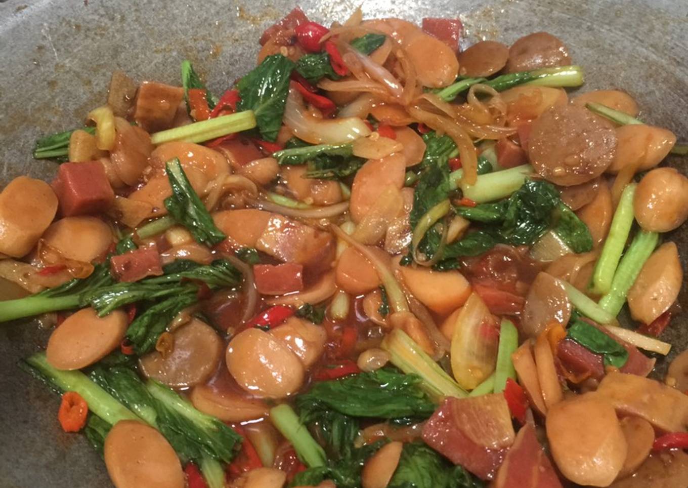 Sosis bakso rolade sapi/galantin sayur sawi asam manis pedas