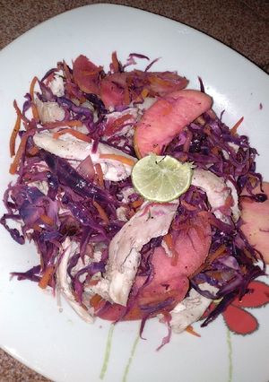 A picture of Red cabbage apple chicken salad.
