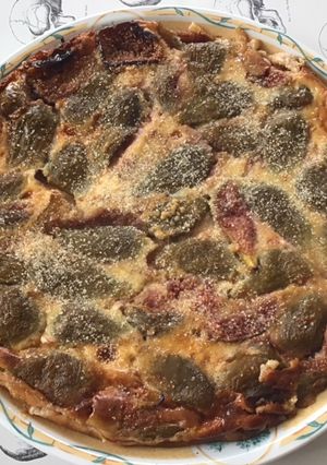 A picture of Clafoutis with Roasted Green Figs and Honey.