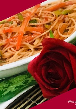 A picture of Whosayna’s Spaghetti tossed in Red Sauce.