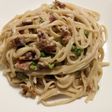 Blue cheese linguine with bacon, peas, and walnuts