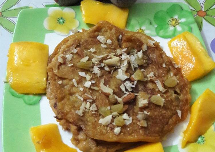 Recipe: Tasty Mango Atta oats pan cake