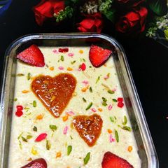 A picture of Strawberry phirni pudding With Nutty Caramelised Heart.