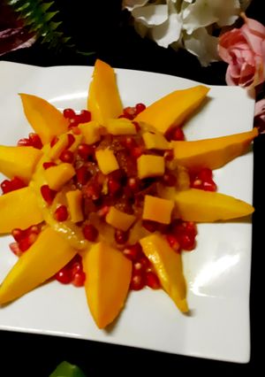 A picture of Mango,bread,custard,Cake.