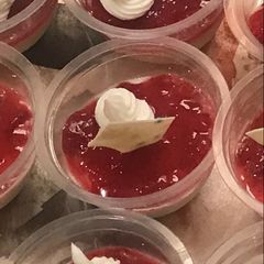 A picture of White chocolate mousse with Apple and strawberry sauce # Apple.
