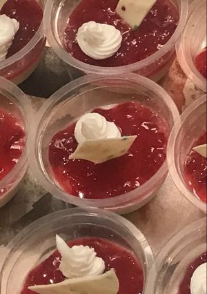 A picture of White chocolate mousse with Apple and strawberry sauce # Apple.