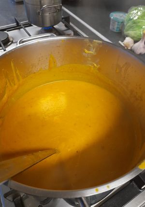 A picture of Roasted pumpkin and celeriac soup.
