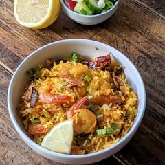 A picture of Hyderabadi Prawns Biryani.
