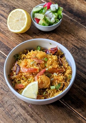 A picture of Hyderabadi Prawns Biryani.