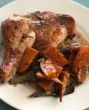 Pollo al horno con alcachofas, boniato y salsa de uva