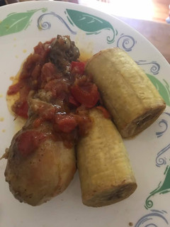 A picture of Chicken Sauce and Boiled Plantain.