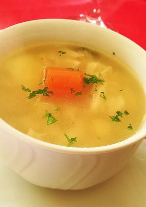 A picture of Chicken Broth with Angel Hair Pasta.