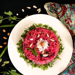 A picture of Beetroot Coconut Rice / Pulihora - South Indian style.