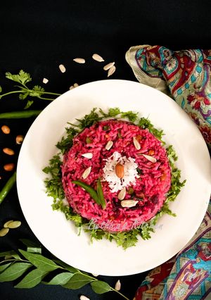 A picture of Beetroot Coconut Rice / Pulihora - South Indian style.