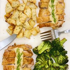 A picture of Creamy Dill Chicken with Roasted Potatoes and Broccoli.