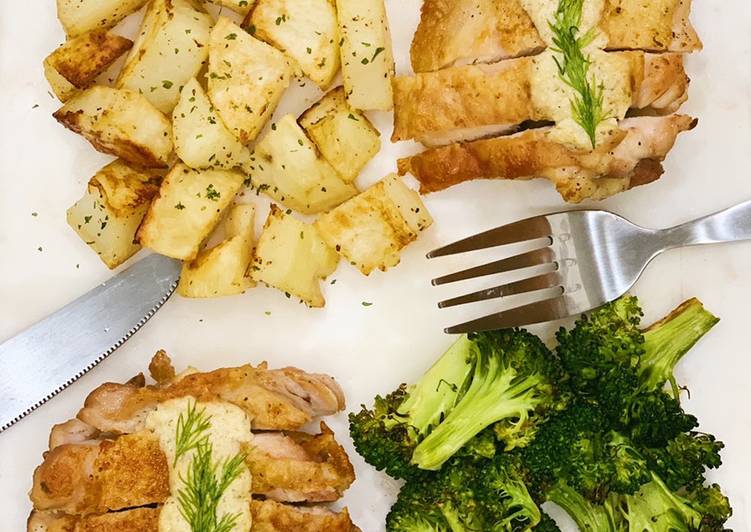 Steps to Prepare Super Quick Homemade Creamy Dill Chicken with Roasted Potatoes and Broccoli